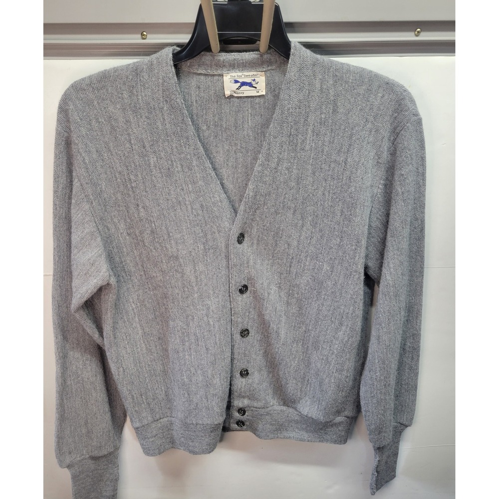 Vtg‎ JCPenney The Fox Sweater Mens M Gray Cardigan Button Up V Neck Knit